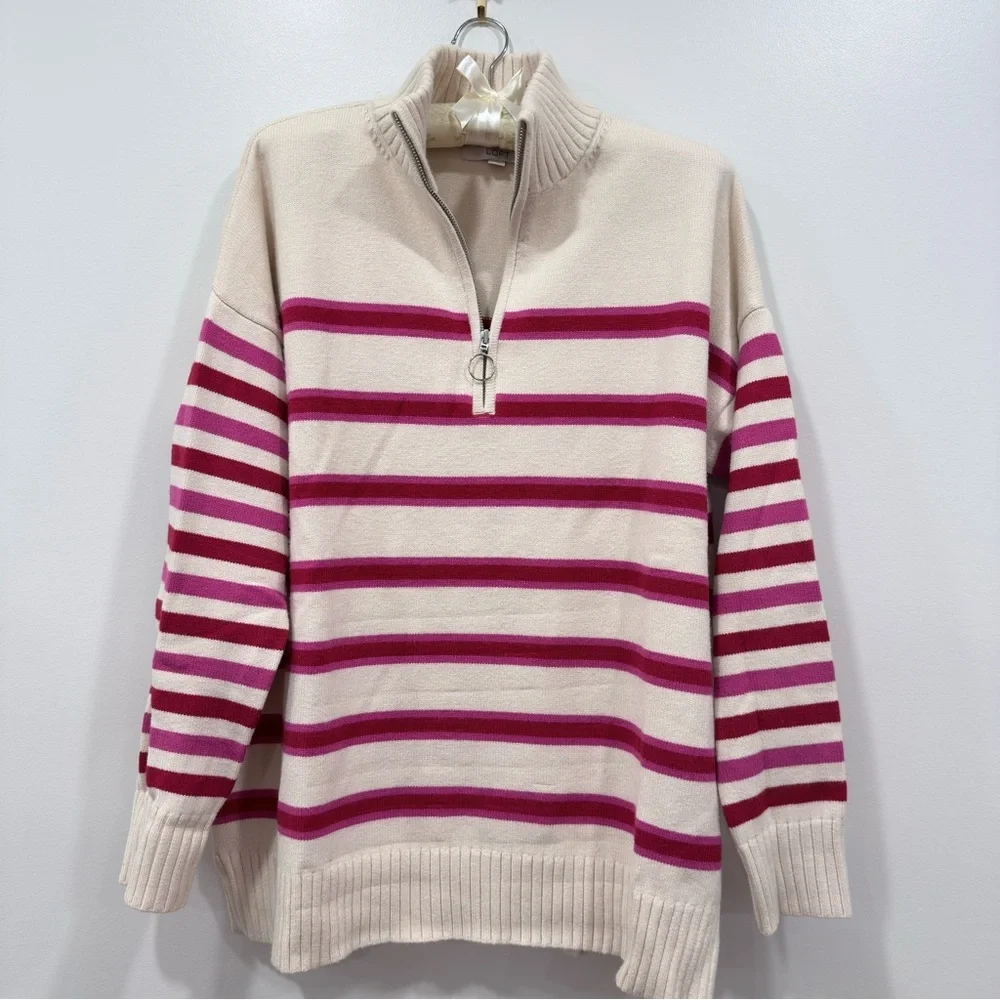 Loft Striped Quarter Zip Sweater in Cream, Pink, and Red - Picture 3 of 7